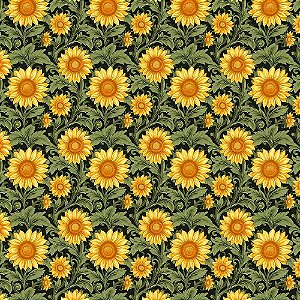 Tricoline Digital Girassol Grande Fundo Preto, 50cm x 1,50mt