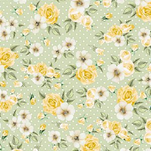 Tricoline Rosas e Malvas Verde, 100% Algodão, 50cm x 1,50mt