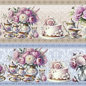 Tricoline Digital Barrado Chá com Rosas, 55cm x 1,50mt
