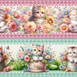 Tricoline Digital Barrado Gatinhos no Jardim, 50cm x 1,50mt