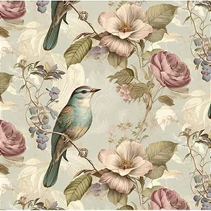 Sarja Pássaros e Rosas Fundo Cinza, 100%Alg. 50cm x 1,50mt