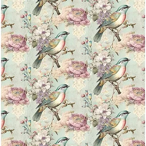 Tricoline Digital Pássaros e Rosas Fundo Azul, 50cm x 1,50mt