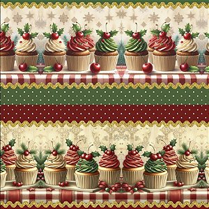 Tricoline Digital Barrado Natal Cakes, 100%Alg 50cm x 1,50mt