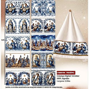 Tricoline Digital Natal Barrado Presépio Azul 50cm x 1,50mt