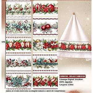 Tricoline Dig. Natal Bolas e Hibisco F. Branco 50cm x 1,50mt