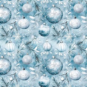 Tricoline Dig Natal Bolas Fundo Azul, 100%Alg. 50cm x 1,50mt