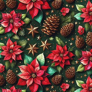 Tricoline Natal Hibiscos P. com Pinhas F Verde 50cm x 1,50mt
