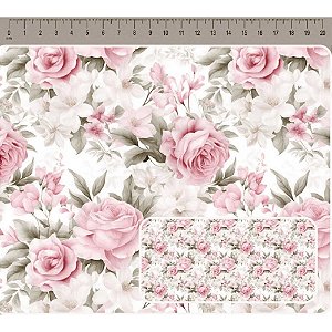 Tricoline Digital Rosas Médias, 100% Algodão, 50cm x 1,50mt