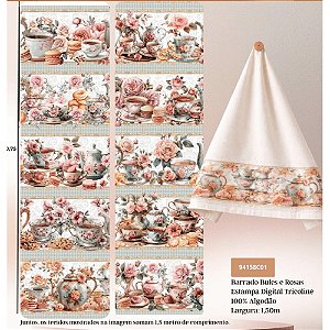 Tricoline Digital Barrado Bules e Rosas, 50cm x 1,50mt