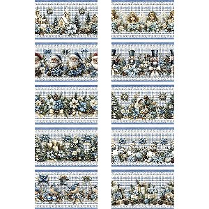 Tricoline Digital Barrado Natal Azul 100% Alg. 50cm x 1,50mt