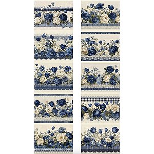 Tricoline Digital Barrado Floral Azul 100% Alg 50cm x 1,50mt