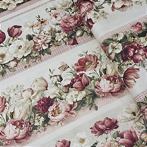 Tricoline Digital Barrado Flores Rose 100% Alg 50cm x 1,50mt