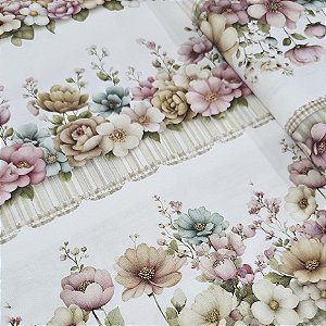 Tricoline Digital Barrado Floral Pastel 100%Alg 50cm x 1,50m