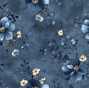 Tricoline Digital Midnight Florzinhas Brancas, 50cm x 1,50mt