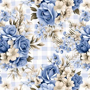 Tricoline Dig. Bloomy Floral Médio F. Xadrez, 50cm x 1,50mt