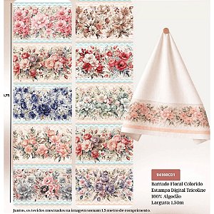 Tricoline Digital Barrado Floral Colorido, 50cm x 1,50mt