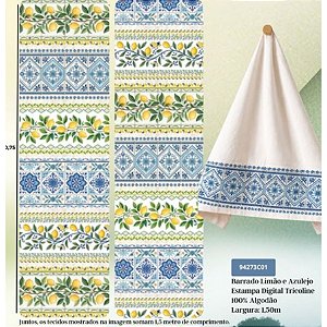 Tricoline Digital Barrado Limão e Azulejo, 50cm x 1,50mt