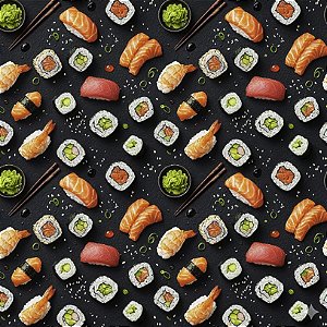 Tricoline Digital Gourmet Sushi, 100% Algodão, 50cm x 1,50mt