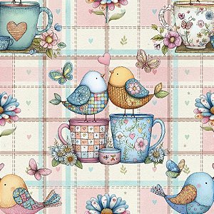 Tricoline Digital Happy Coffee Passarinhos, 50cm x 1,50mt