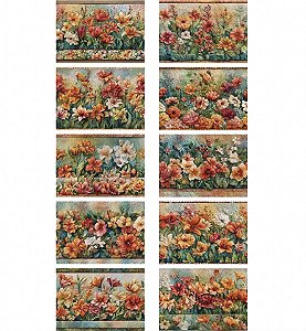 Tricoline Digital Barrado Flores Outono, 50cm x 1,50mt