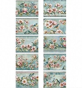 Tricoline Digital Barrado Pássaros e Flores, 50cm x 1,50mt