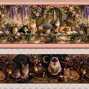 Tricoline Digital Barrado Garden Gatinhos, 50cm x 1,50mt