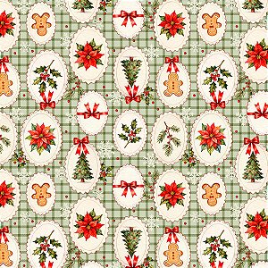 Tricoline Natal Biscoitos Verde, 100% Algodão, 50cm x 1,50mt