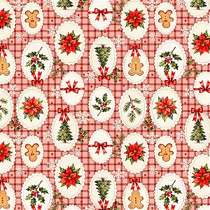 Tricoline Natal Biscoitos Vermelho 100%Algodão 50cm x 1,50mt