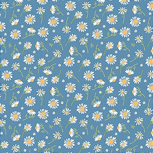 Tricoline Floral Margaridas Fundo Azul 100%Alg 50cm x 1,50mt