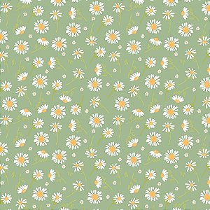 Tricoline Floral Margaridas Fundo Verde Menta, 50cm x 1,50mt