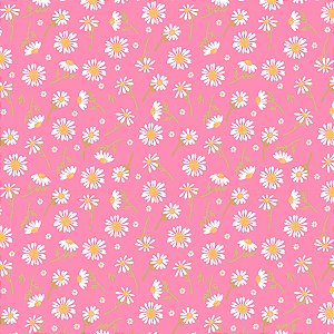 Tricoline Floral Margaridas Fundo Rosa 100%Alg 50cm x 1,50mt