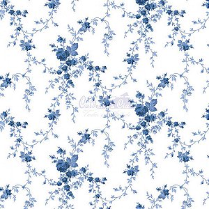 Tricoline Floral Sarah Cor 18 (Azul) 100% Algodão, Unid. 50cm x 1,50mt