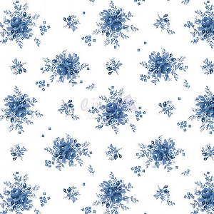 Tricoline Floral Yasmim Cor 08 (Azul) 100% Algodão, Unid. 50cm x 1,50mt
