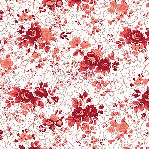 Tricoline Floral Fernanda Cor 19 (Vermelho) 100% Algodão, Unid. 50cm x 1,50mt