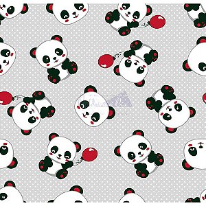 Tecido Tricoline Panda (Cinza com Vermelho), 100% Algodão, Unid. 50cm x 1,50mt