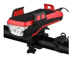 Farol Bike Led Duplo 4x1 Buzina Power Bank + Suporte Celular