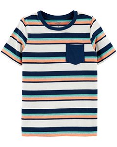 Camiseta listrada com bolso azul marinho e laranja - Carter's