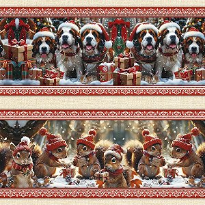 Tricoline Digital Barrado Natal Animais 55cm x 1,50mt