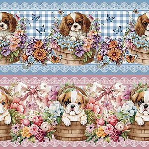 Tricoline Digital Barrado Cachorrinhos Encantados 55cm x 1,50mt