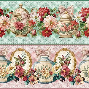 Tricoline Digital Barrado Potes Florais 55cm x 1,50mt