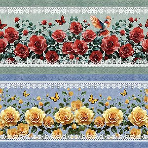 Tricoline Digital Barrado Jardim de Rosas 55cm x 1,50mt
