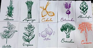 Coleção Pano de Prato Pé de Galinha Estampado Temperos e Vegetais 45x65cm