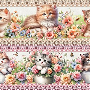 Tricoline Digital Barrado Gatinhos no Jardim 55cm x 1,50mt