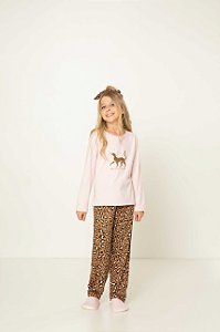 Pijama Menina e Teen Manga Longa  Animal Print Caramelo e Blusa Rosa estampada