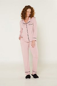 Pijama Camisaria Manga Longa com Abertura Frontal Rosa Antigo com Preto em Viscolycra