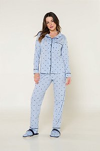 Pijama Camisaria Manga Longa com Abertura Frontal Listrado com Estrelas Branco e Azul