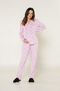 Pijama Camisaria Manga Longa com Abertura Frontal Sem Gola Lilás Olho Grego em Viscolycra