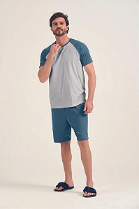 Pijama Masculino Adulto e Teen Curto Mescla Claro Manga Azul com Bermuda Azul