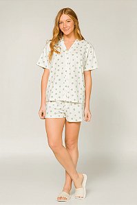 Pijama Camisaria Manga Curta Sem Gola Poá Verde 100% Algodão
