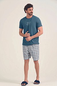 Pijama Masculino Adulto e Teen Curto Azul Bermuda Xadrez